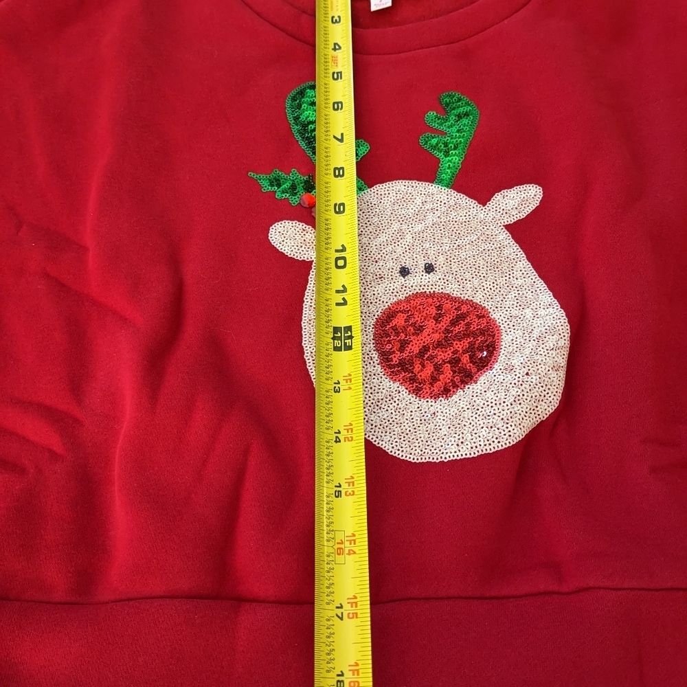 Reindeer Sequin Crewneck Sweatshirt Red Women Crop Christmas Red Nose New Cozy - Picture 3 of 7
